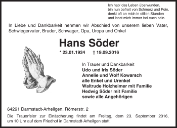 Traueranzeige von Hans Söder von Trauerportal Echo Online