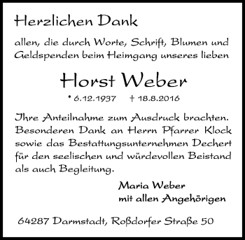 Traueranzeige von Horst Weber von Trauerportal Echo Online