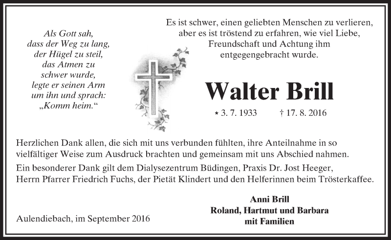  Traueranzeige für Walter Brill vom 24.09.2016 aus  Kreisanzeiger