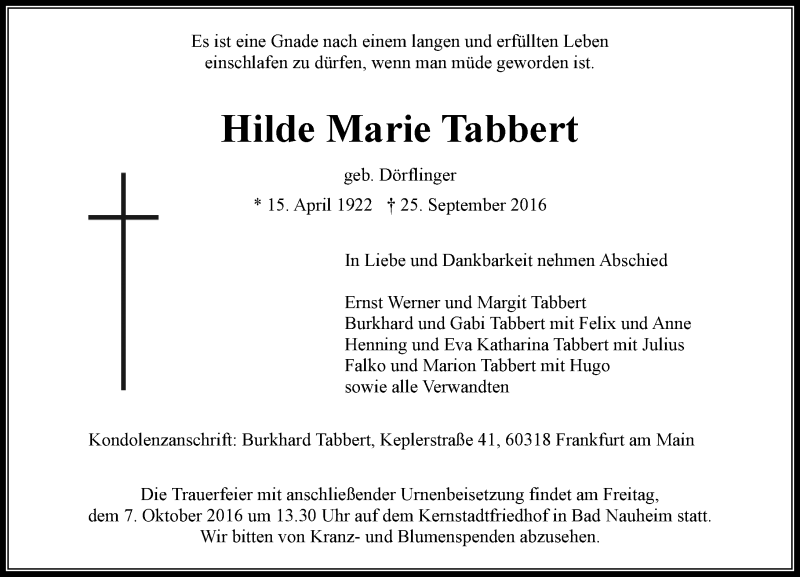  Traueranzeige für Hilde Marie Tabbert vom 01.10.2016 aus  Usinger Anzeiger
