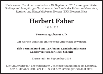 Traueranzeige von Herbert Faber von Trauerportal Echo Online