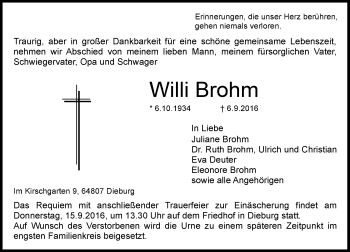Traueranzeige von Willi Brohm von Trauerportal Echo Online