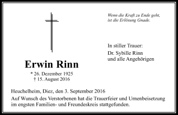 Traueranzeige von Erwin Rinn von  Gießener Anzeiger