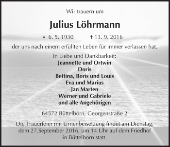 Traueranzeige von Julius Löhrmann von Trauerportal Echo Online