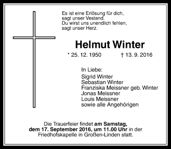 Traueranzeige von Helmut Winter von  Gießener Anzeiger