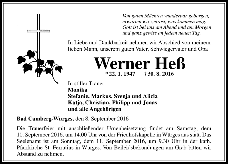  Traueranzeige für Werner Heß vom 08.09.2016 aus  Camberger Anzeiger