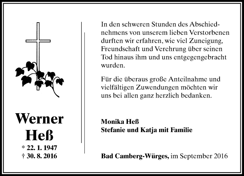  Traueranzeige für Werner Heß vom 22.09.2016 aus  Camberger Anzeiger