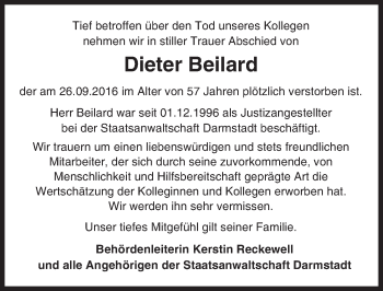 Traueranzeige von Dieter Beilard von Trauerportal Echo Online