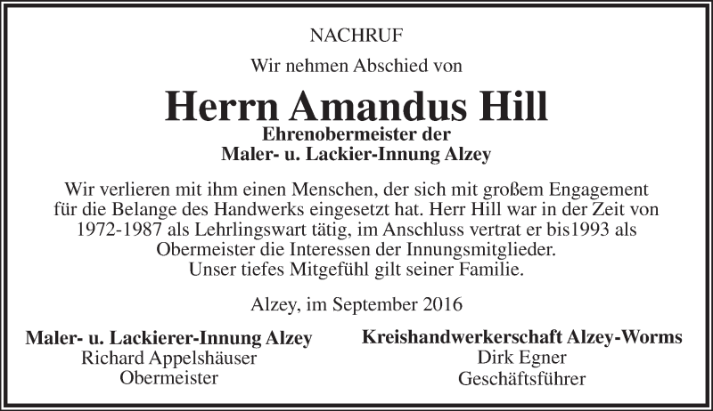  Traueranzeige für Amandus Hill vom 07.09.2016 aus Trauerportal Rhein Main Presse