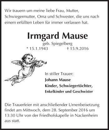 Traueranzeige von Irmgard Mause von Trauerportal Rhein Main Presse