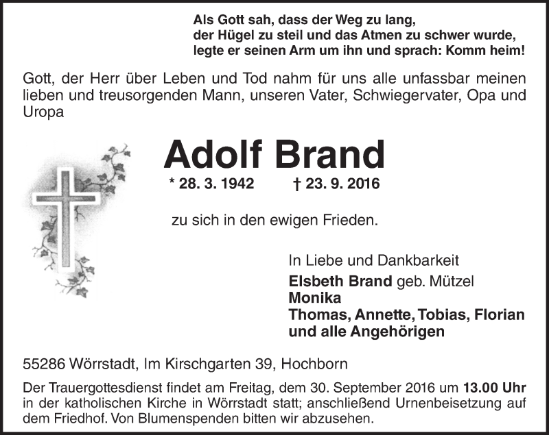  Traueranzeige für Adolf Brand vom 28.09.2016 aus Trauerportal Rhein Main Presse