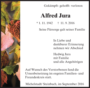Traueranzeige von Alfred Jura von Trauerportal Echo Online
