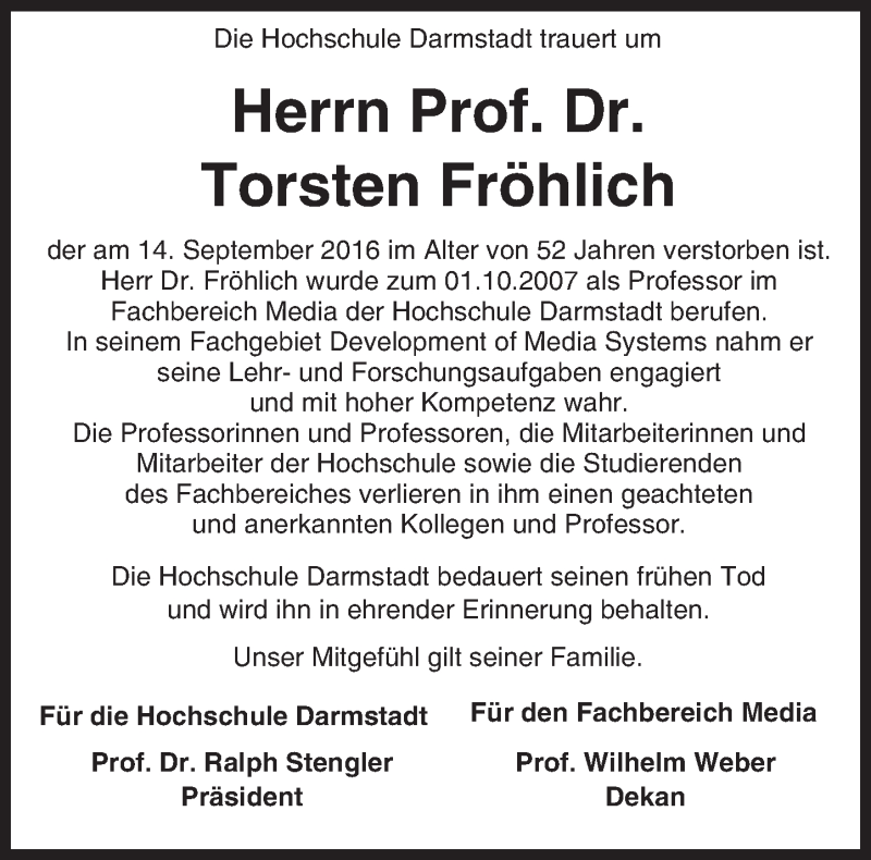  Traueranzeige für Torsten Fröhlich vom 24.09.2016 aus Trauerportal Echo Online