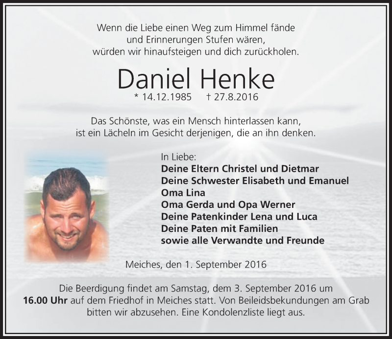  Traueranzeige für Daniel Henke vom 01.09.2016 aus  Lauterbacher Anzeiger