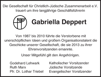 Traueranzeige von Gabriella Deppert von Trauerportal Echo Online