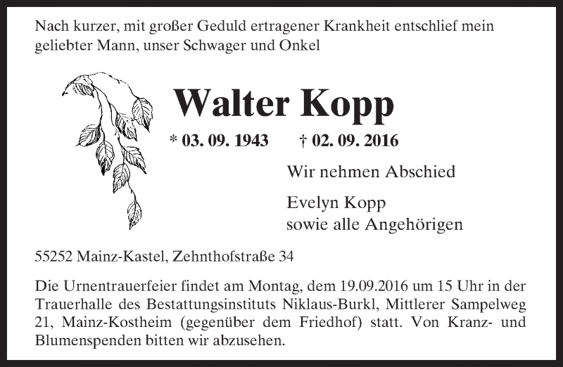  Traueranzeige für Walter Kopp vom 10.09.2016 aus Trauerportal Rhein Main Presse