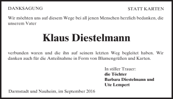 Traueranzeige von Klaus Diestelmann von Trauerportal Echo Online