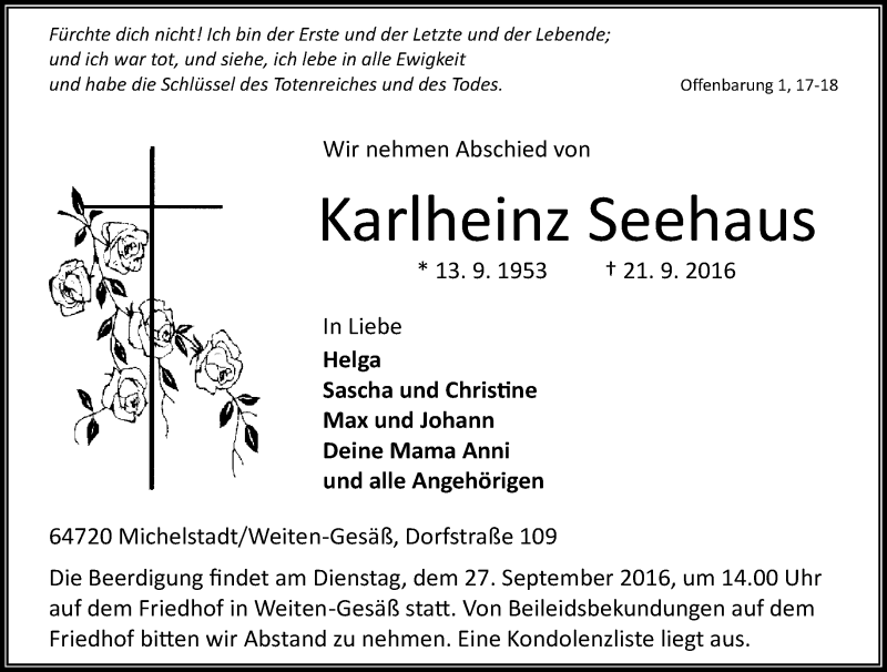  Traueranzeige für Karlheinz Seehaus vom 24.09.2016 aus Trauerportal Echo Online