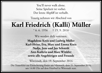 Traueranzeige von Karl Friedrich Müller von Trauerportal Rhein Main Presse