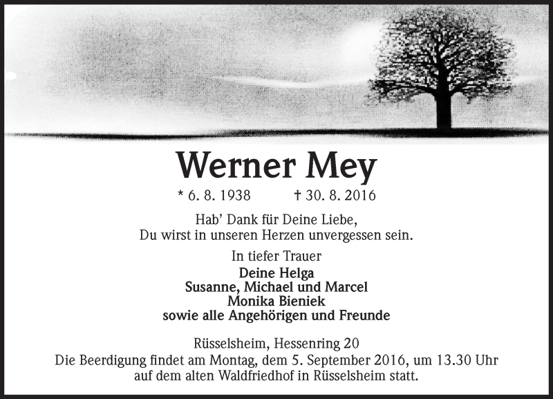  Traueranzeige für Werner Mey vom 03.09.2016 aus Trauerportal Rhein Main Presse