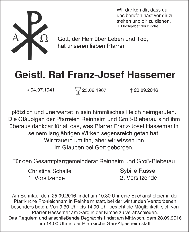  Traueranzeige für Franz-Josef Hassemer vom 23.09.2016 aus Trauerportal Echo Online