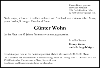Traueranzeige von Günter Wohn von Trauerportal Rhein Main Presse