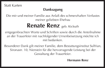 Traueranzeige von Renate Renz von Trauerportal Rhein Main Presse