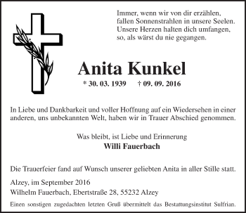 Traueranzeige von Anita Kunkel von Trauerportal Rhein Main Presse