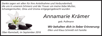 Traueranzeige von Annamarie Krämer von Trauerportal Echo Online