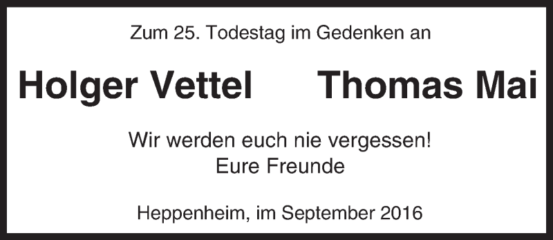  Traueranzeige für Holger und Thomas  vom 24.09.2016 aus Trauerportal Echo Online