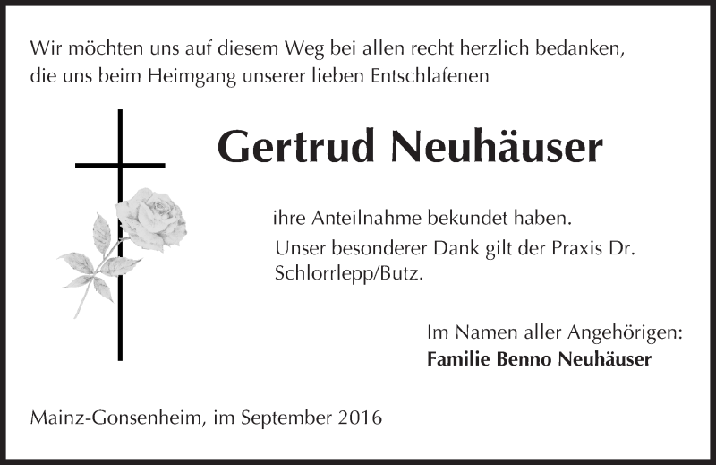  Traueranzeige für Gertrud Neuhäuser vom 24.09.2016 aus Trauerportal Rhein Main Presse