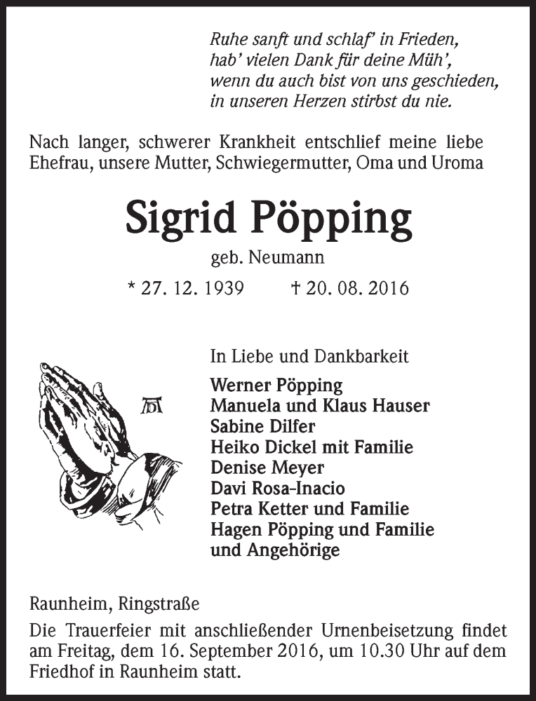  Traueranzeige für Sigrid Pöpping vom 03.09.2016 aus Trauerportal Rhein Main Presse
