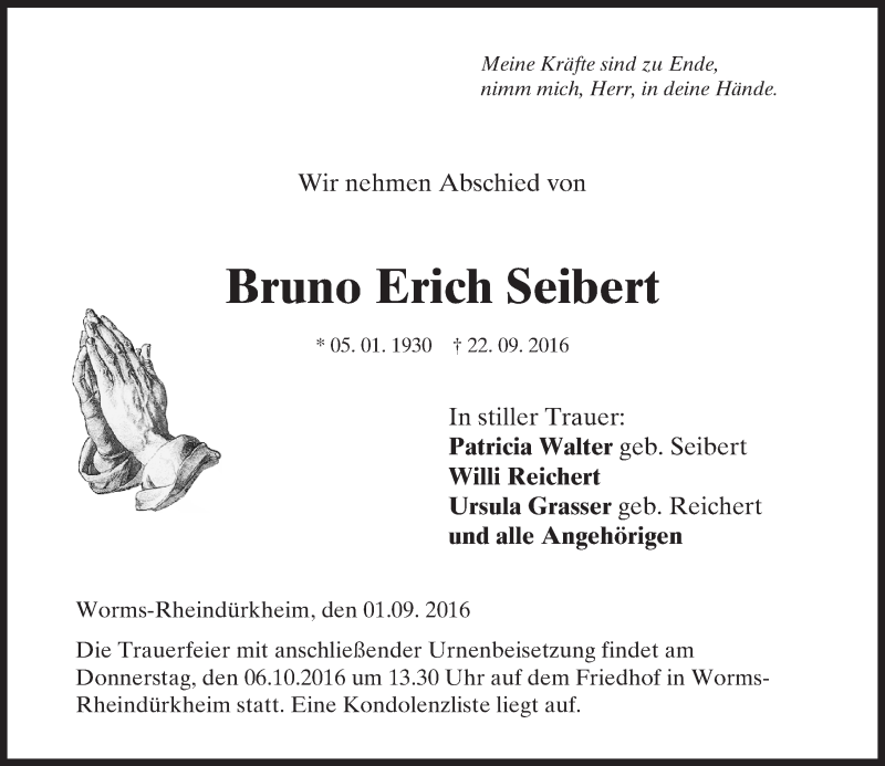  Traueranzeige für Bruno Erich Seibert vom 01.10.2016 aus Trauerportal Rhein Main Presse