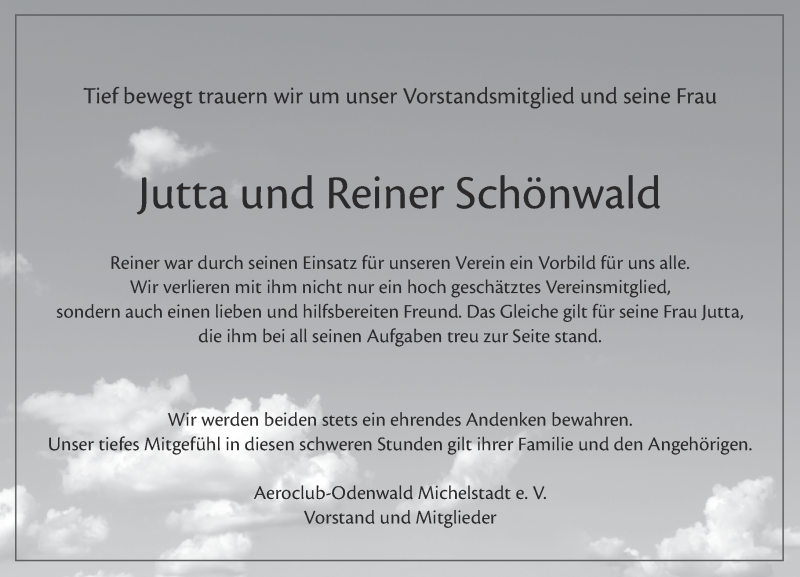  Traueranzeige für Jutta und Reiner Schönwald vom 21.09.2016 aus Trauerportal Echo Online