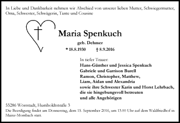 Traueranzeige von Maria Spenkuch von Trauerportal Rhein Main Presse