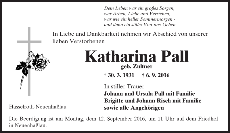  Traueranzeige für Katharina Pall vom 09.09.2016 aus  Gelnhäuser Tageblatt
