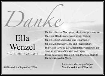 Traueranzeige von Ella Wenzel von VRM Trauer