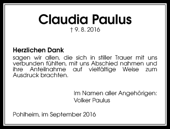 Traueranzeige von Claudia Paulus von  Gießener Anzeiger