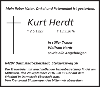 Traueranzeige von Kurt Herdt von Trauerportal Echo Online