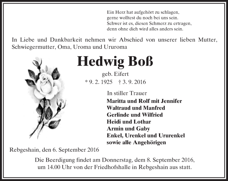  Traueranzeige für Hedwig Boß vom 06.09.2016 aus VRM Trauer
