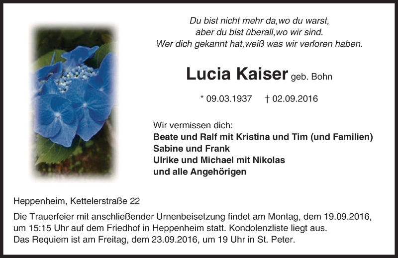  Traueranzeige für Lucia Kaiser vom 14.09.2016 aus Trauerportal Echo Online