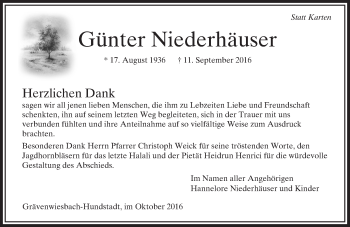 Traueranzeige von Günter Niederhäuser von  Usinger Anzeiger