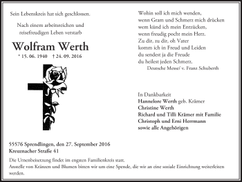 Traueranzeige von Wolfram Werth von Trauerportal Rhein Main Presse