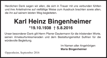 Traueranzeige von Karl Heinz Bingenheimer von Trauerportal Rhein Main Presse