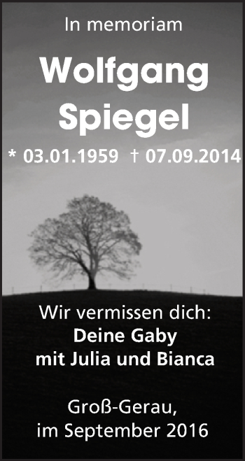 Traueranzeige von Wolfgang Spiegel von Trauerportal Echo Online