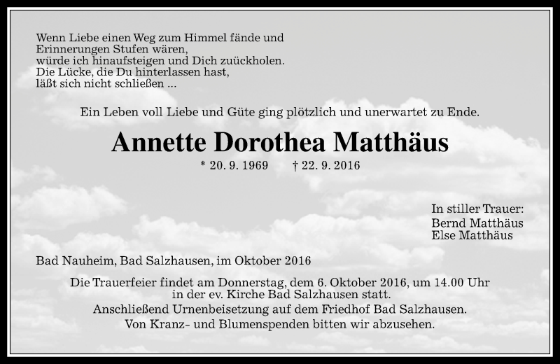  Traueranzeige für Annette Dorothea Matthäus vom 01.10.2016 aus  Kreisanzeiger