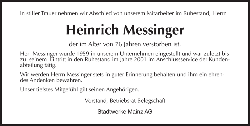  Traueranzeige für Heinrich Messinger vom 17.09.2016 aus Trauerportal Rhein Main Presse