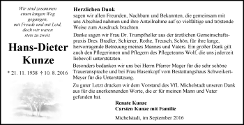 Traueranzeige von Hans-Dieter Kunze von Trauerportal Echo Online