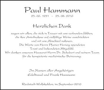 Traueranzeige von Paul Hammann von Trauerportal Echo Online