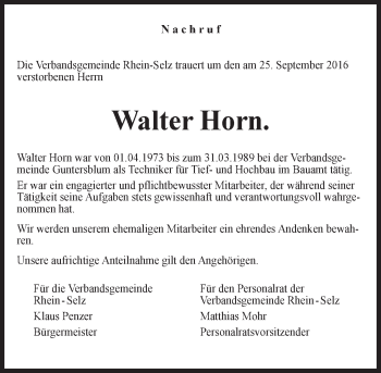 Traueranzeige von Walter Horn von Trauerportal Rhein Main Presse